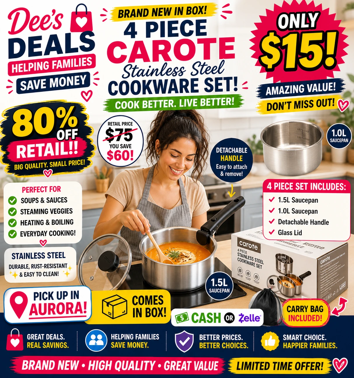 CAROTE 4 Piece Stainless Steel Cookware Set