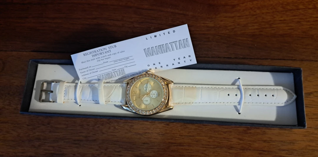 Manhattan Women's Gold Dial Watch with White Strap
