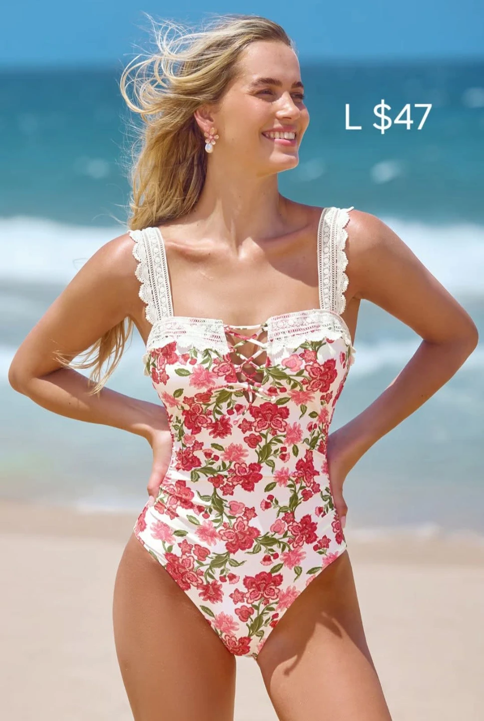 Floral Lace-Up One-Piece Swimsuit