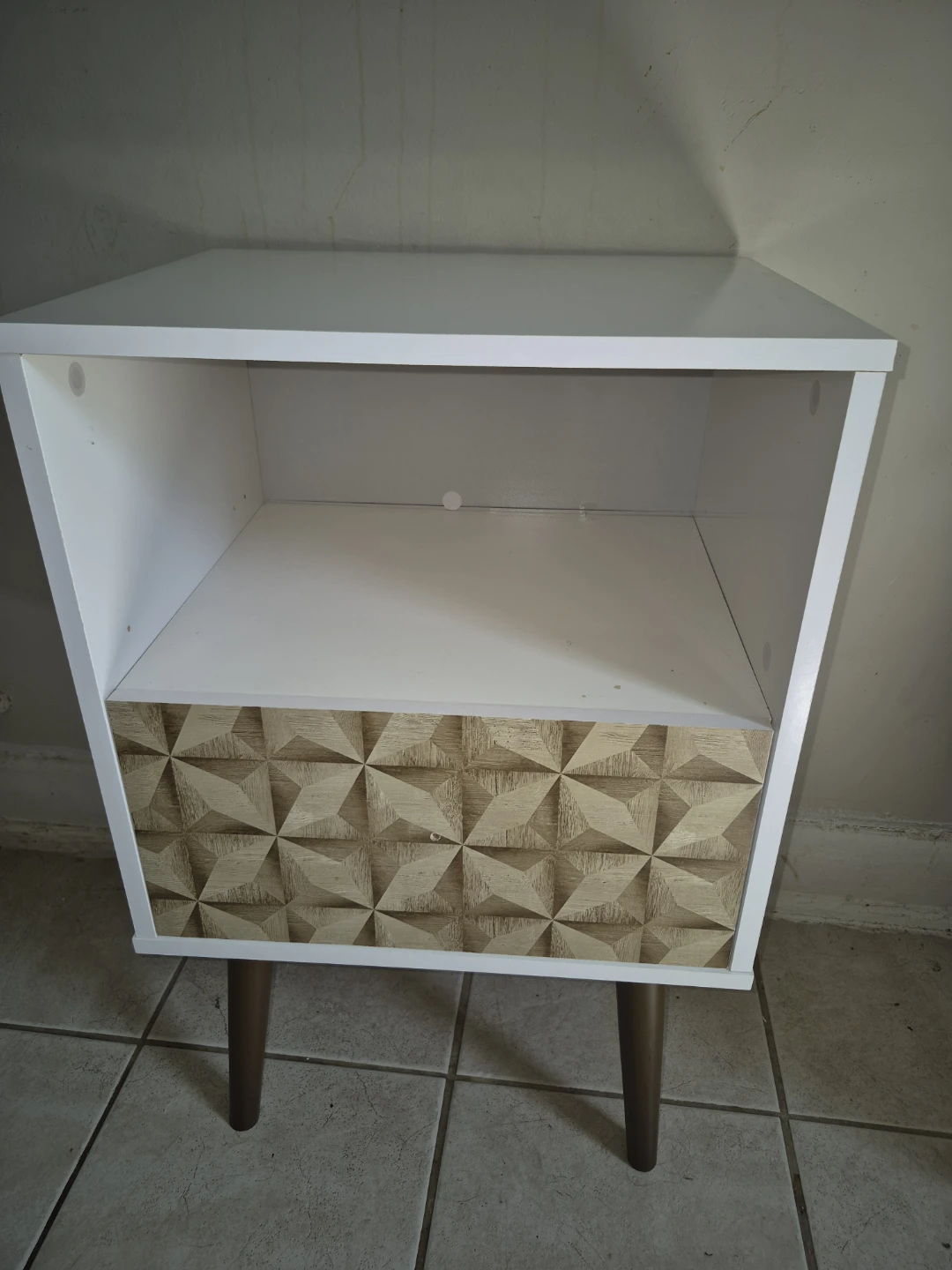White Bedside Table with Geometric Drawer. MOVING OUT SALE ❌️