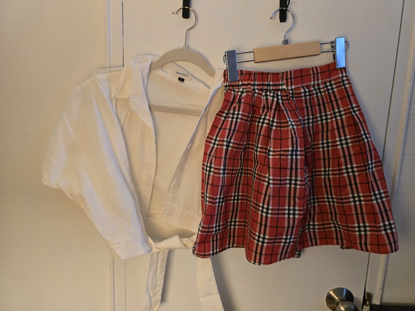 White Linen Blend Cropped Shirt with Red Plaid Skirt Set