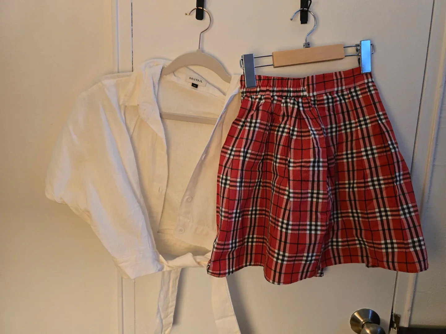 White Linen Blend Cropped Shirt with Red Plaid Skirt Set