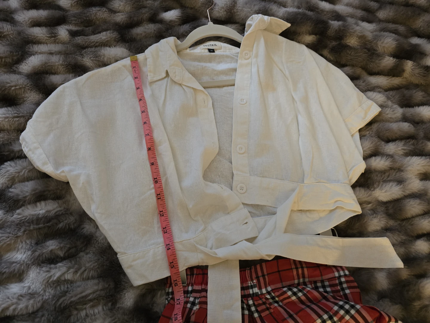 White Linen Blend Cropped Shirt with Red Plaid Skirt Set - photo 3