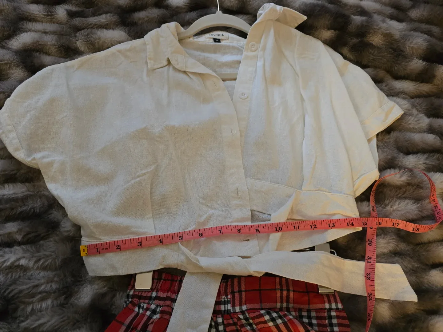 White Linen Blend Cropped Shirt with Red Plaid Skirt Set - photo 5