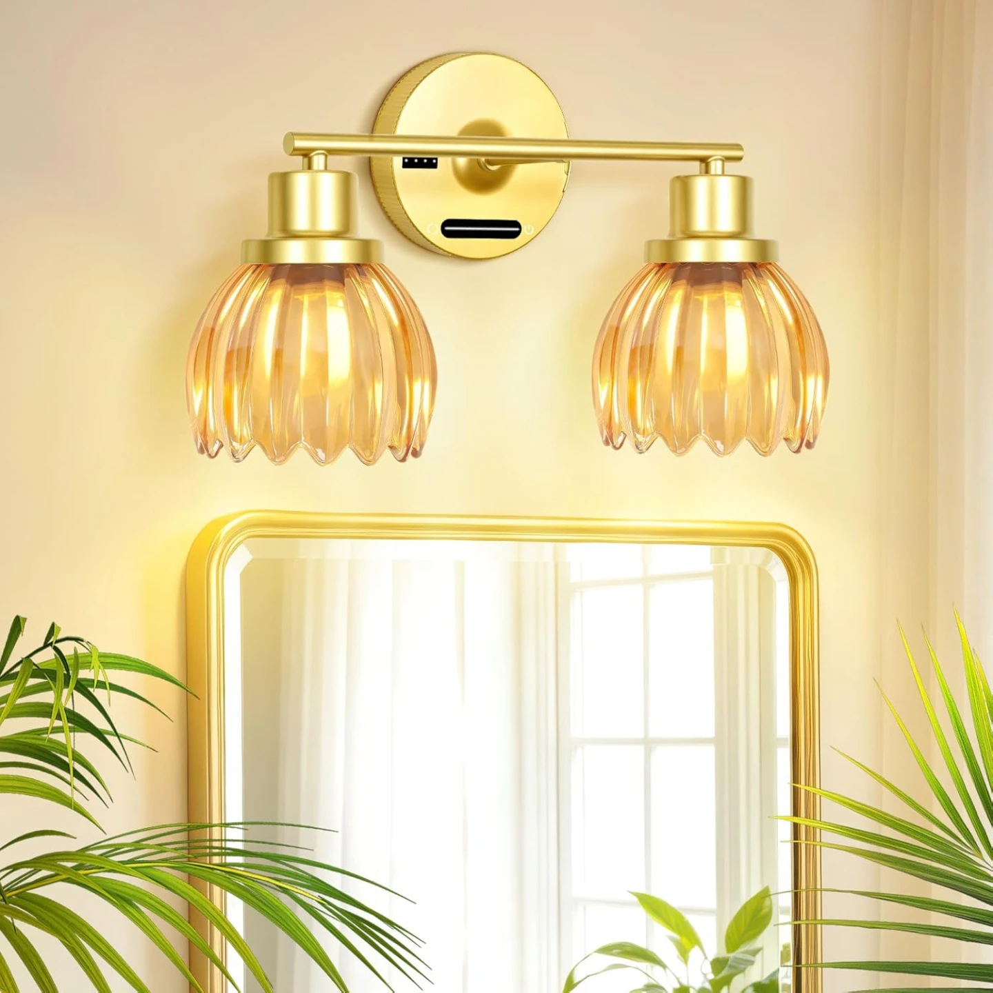 Gold Double Vanity Light Fixture with Amber Glass Shades