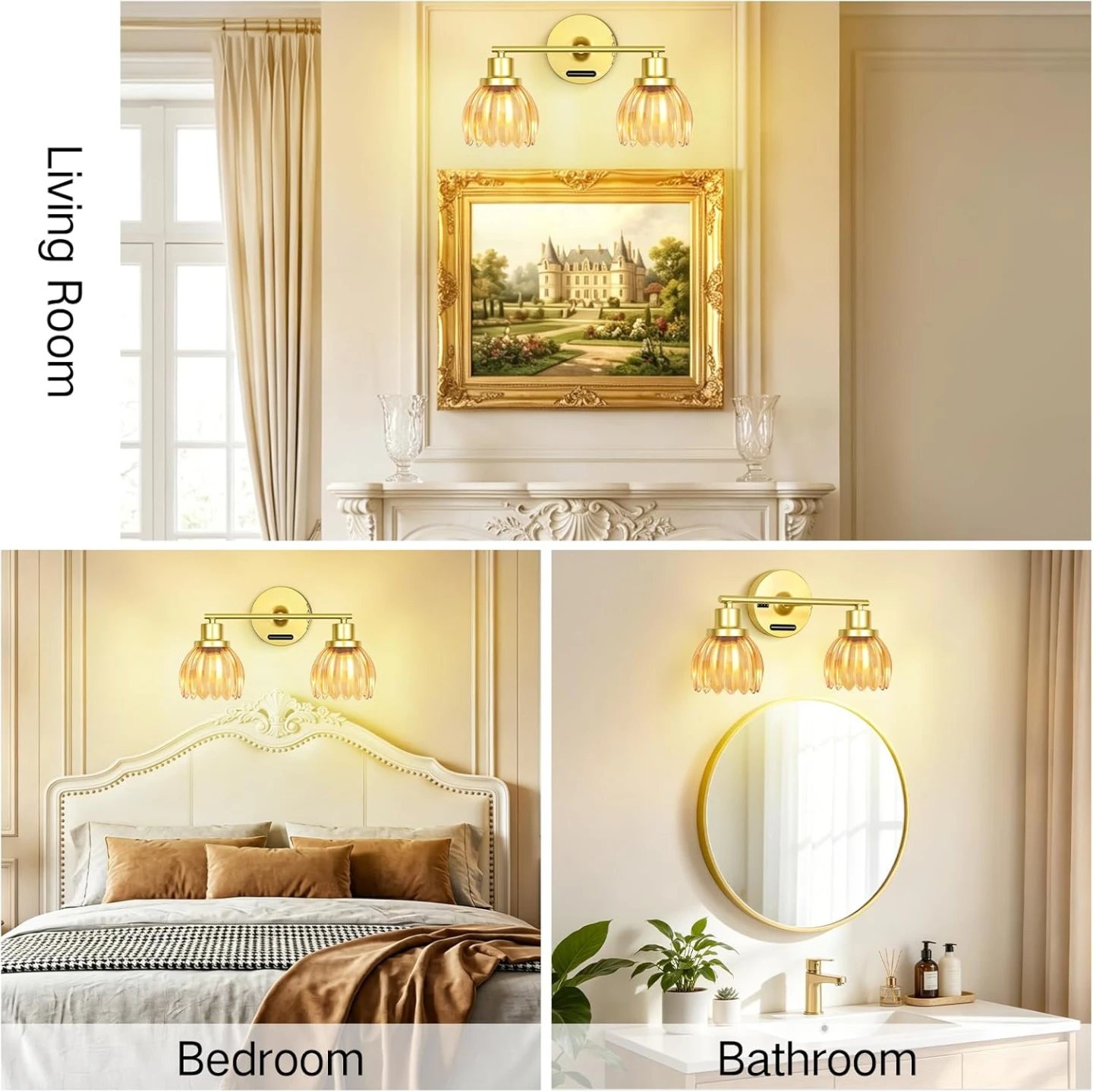 Gold Double Vanity Light Fixture with Amber Glass Shades - photo 3