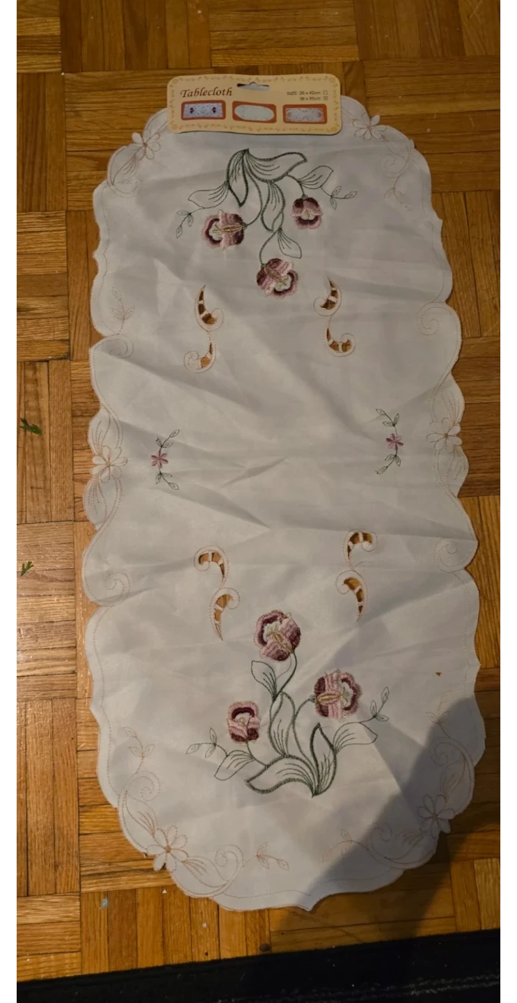Embroidered Table Runner - White with Floral Design
