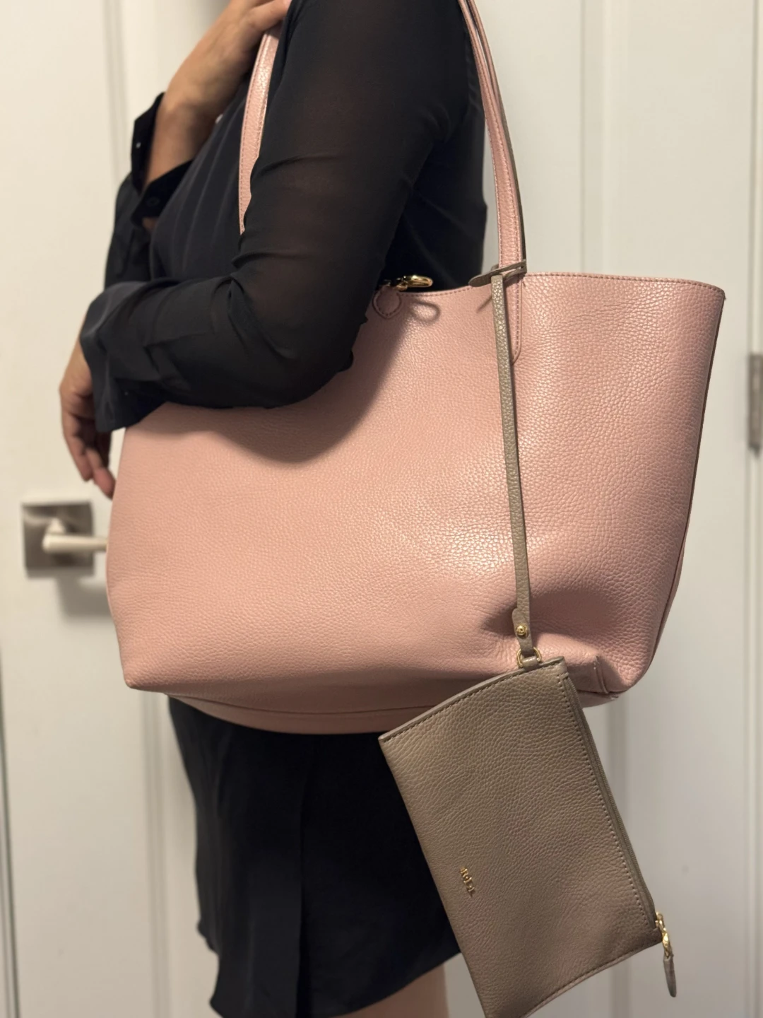 Pink Faux Leather Tote Bag with Pouch - photo 2