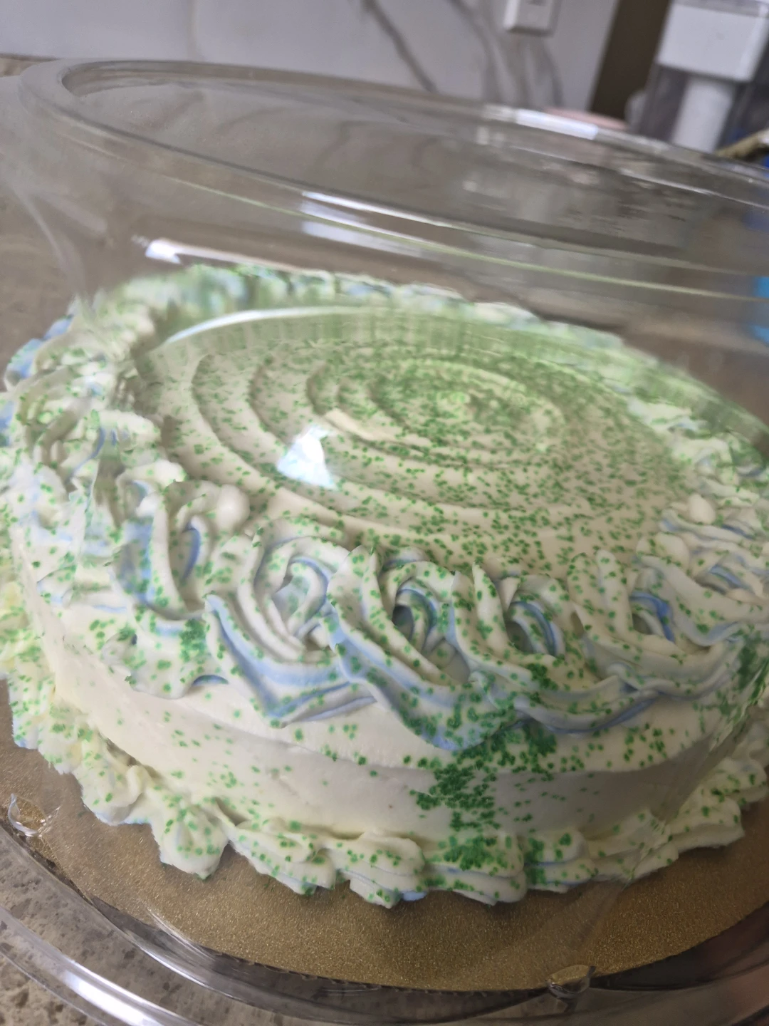 Round Cake with White and Blue Frosting and Green Sprinkles