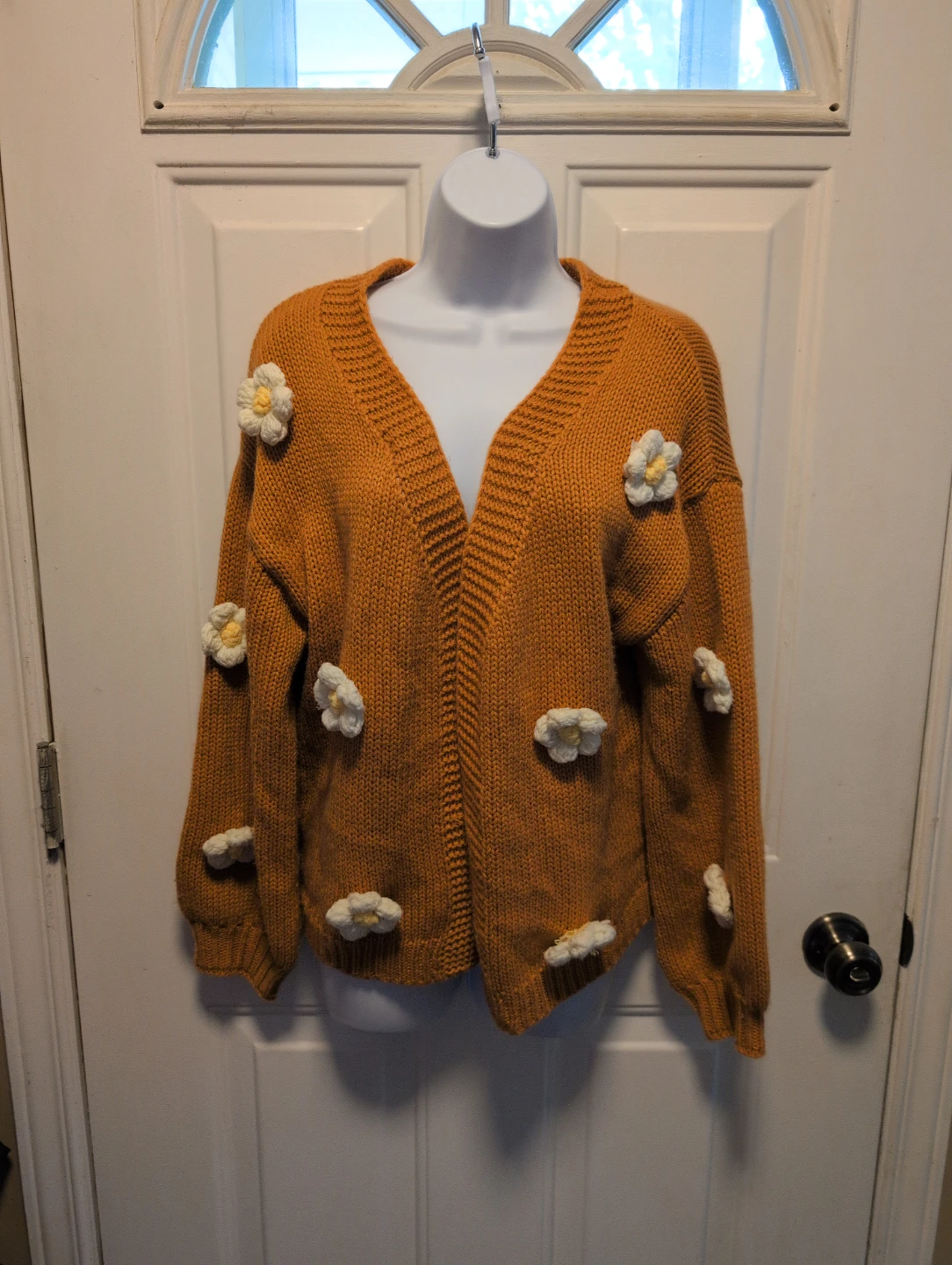 Orange Acrylic Cardigan with Flower Embellishments - Size S