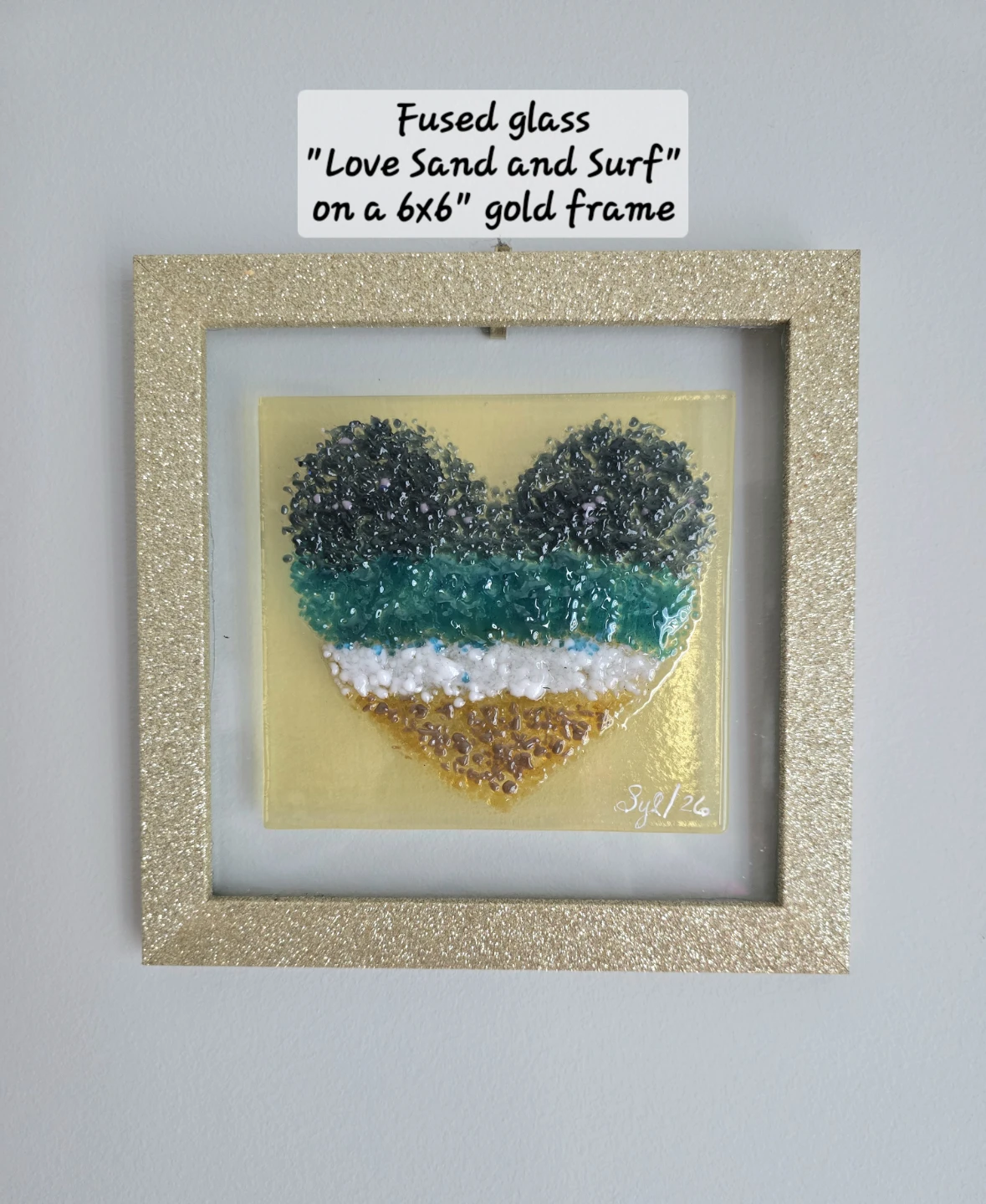 Fused Glass Heart "Love Sand and Surf" Art 6x6" Gold Frame