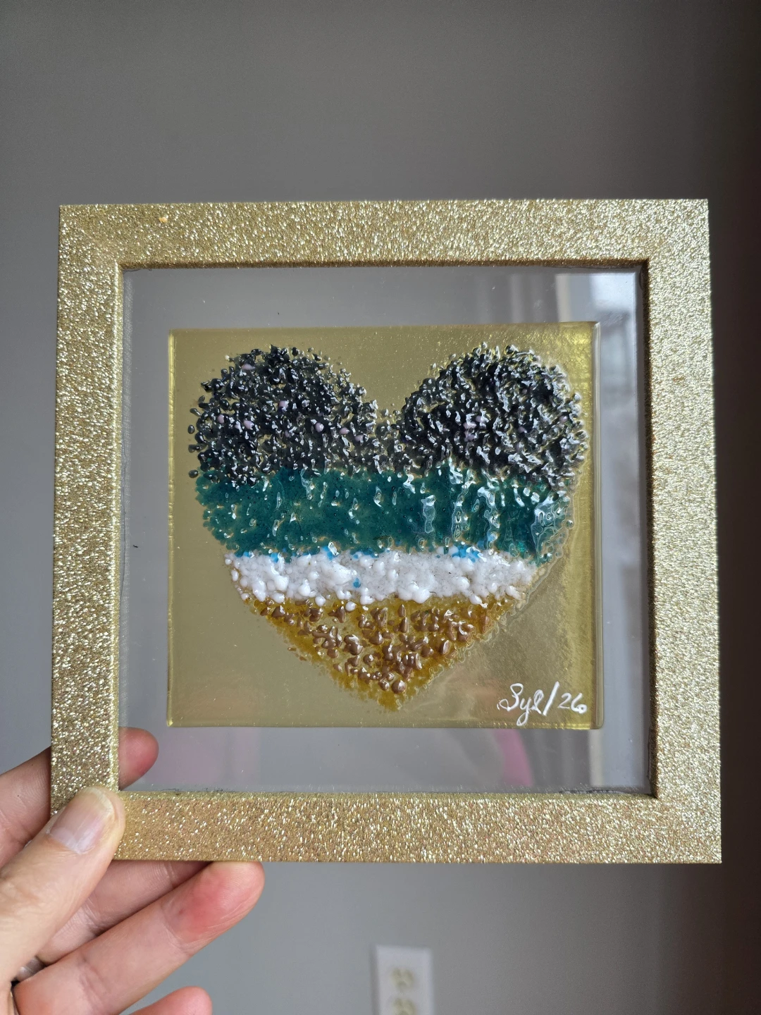 Fused Glass Heart "Love Sand and Surf" Art 6x6" Gold Frame - photo 2