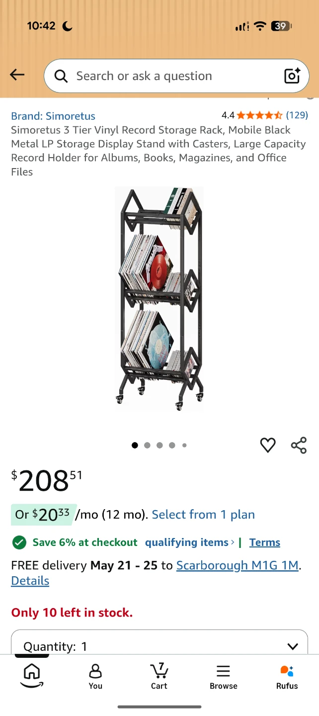 Simoretus 3 Tier Vinyl Record Storage Rack with Wheels