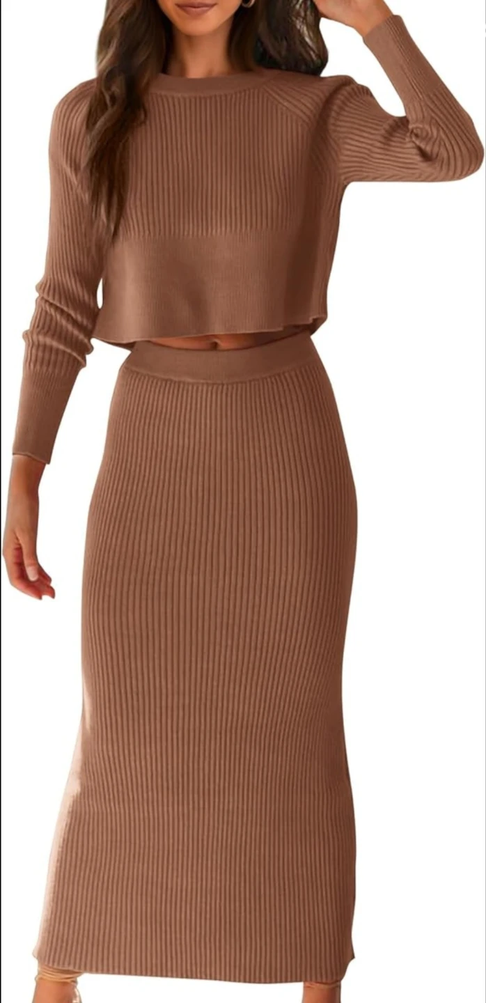 PrettyGarden Ribbed Knit Crop Top & Maxi Skirt Set - Brown XL