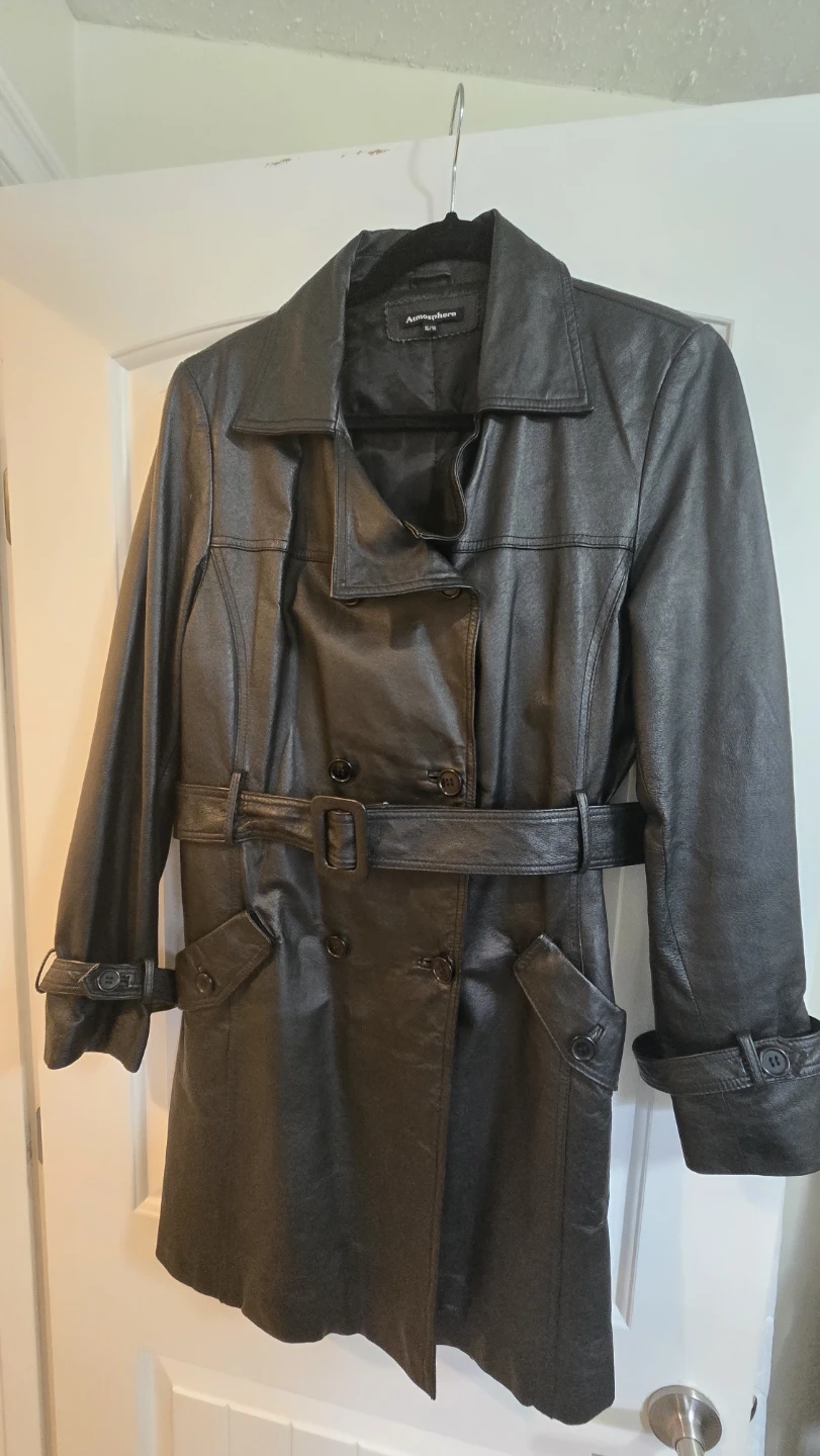 Atmosphere Black Leather Belted Trench Coat XL
