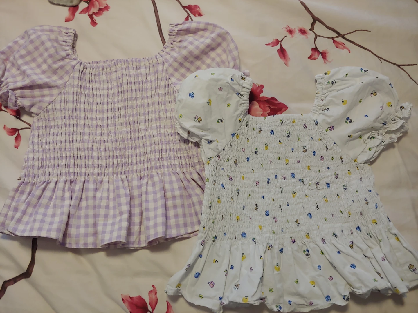 2 Girls Zara tops- Purple Gingham & White Floral