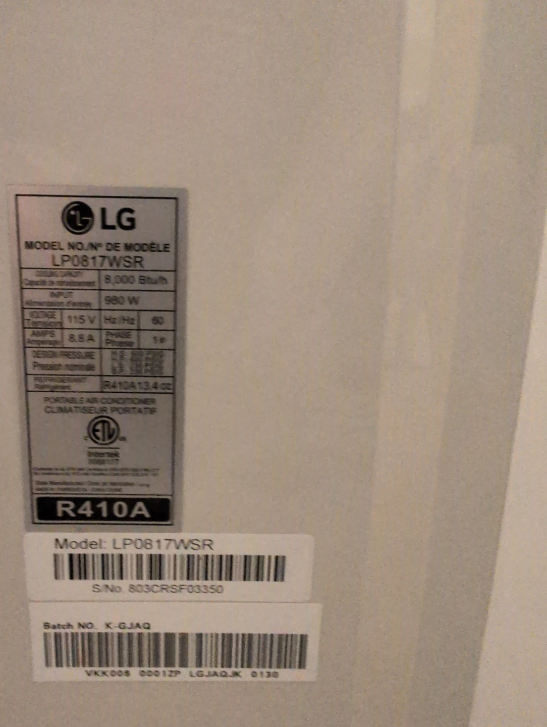 LG LP0817WSR Portable Air Conditioner - photo 3