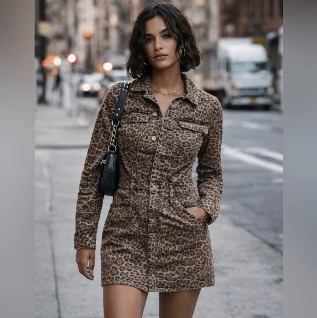 GAP Leopard Print Denim Utility Mini Dress • Small