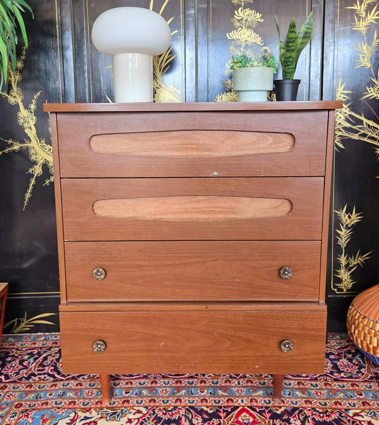 MCM Walnut Tallboy Dresser With 4 Drawers