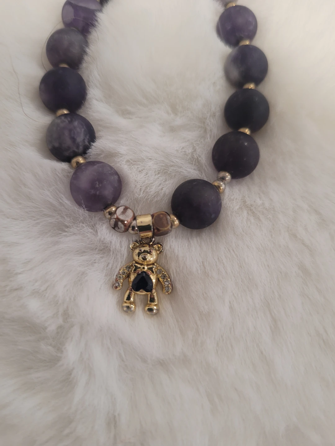 Purple Stone-Beaded Bracelet with Teddy Bear Charm - photo 2