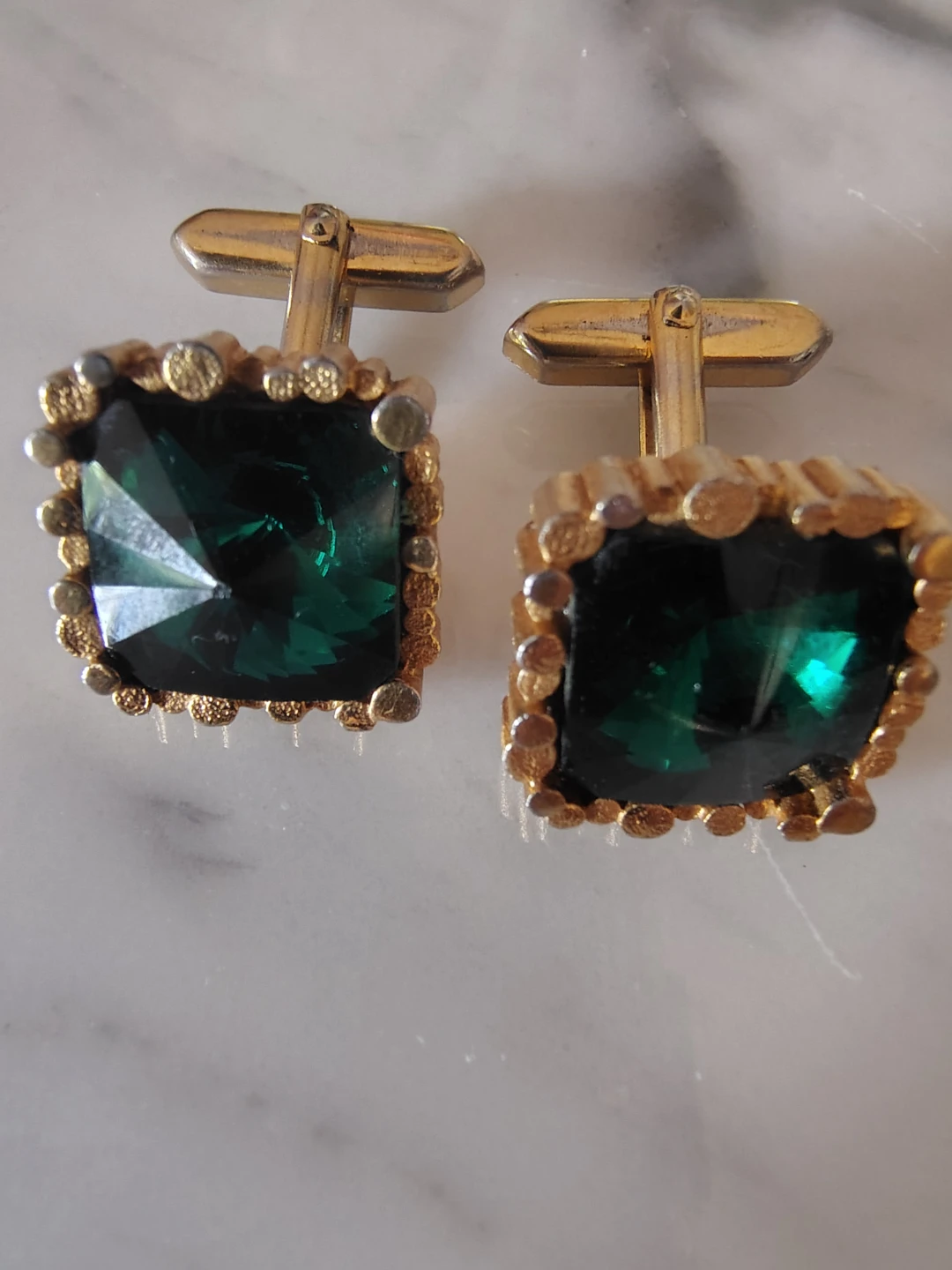 Vintage Gold Tone &  Emerald Cut Glass Cufflinks - Rare