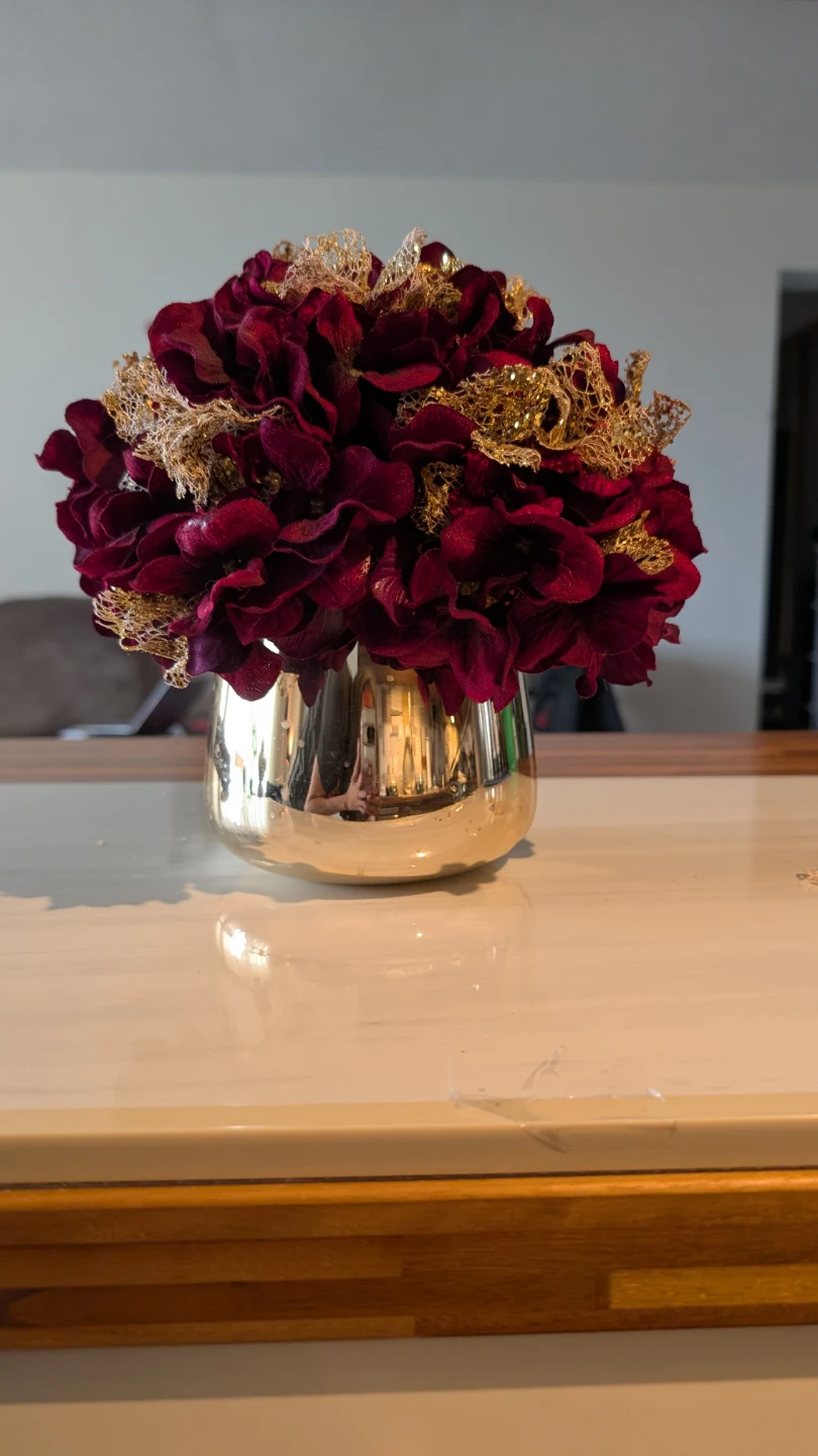 Burgundy Hydrangea Floral Arrangement with Gold Accents