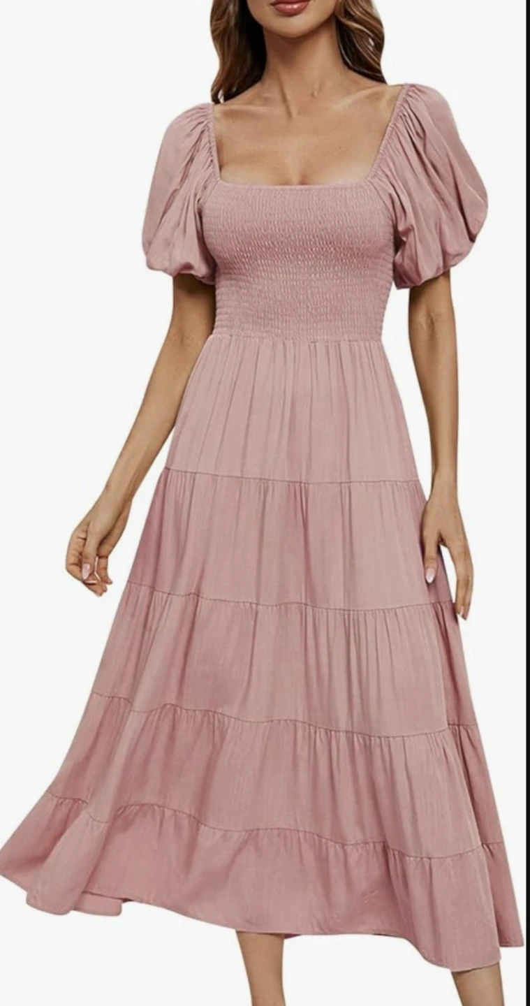 Pink Puff Sleeve Tiered Midi Dress Small