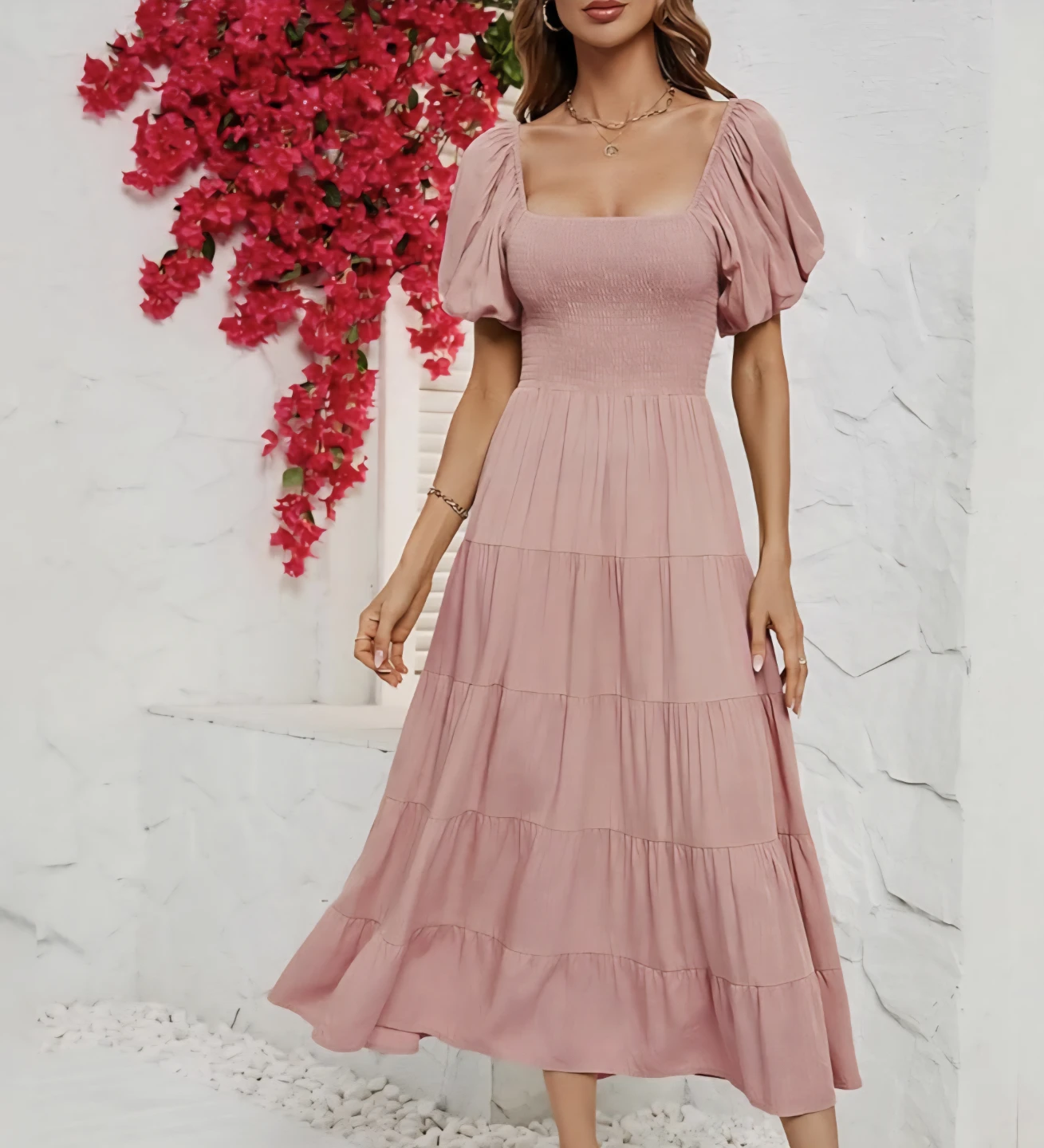 Pink Puff Sleeve Tiered Midi Dress Small - photo 2