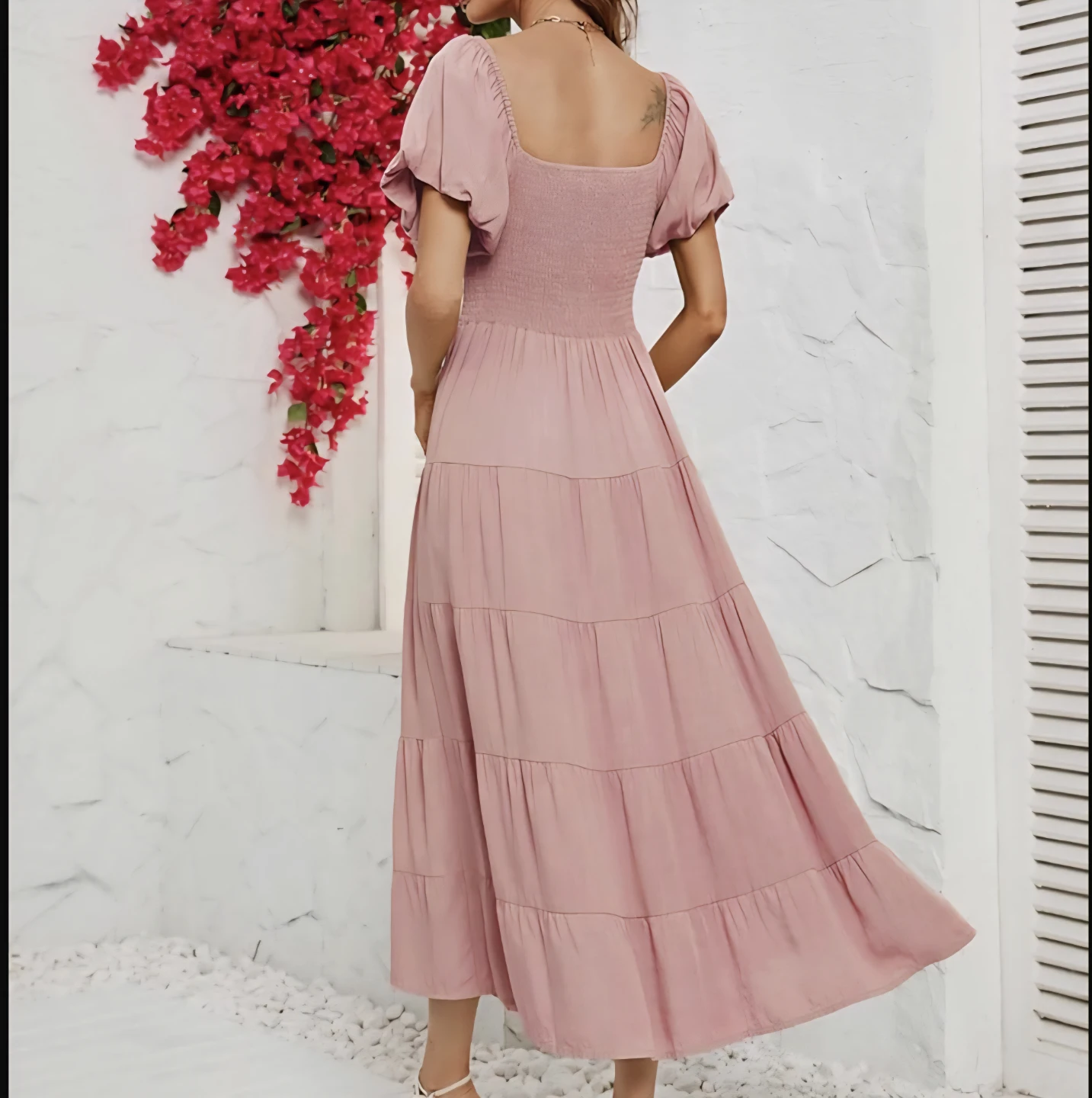 Pink Puff Sleeve Tiered Midi Dress Small - photo 5