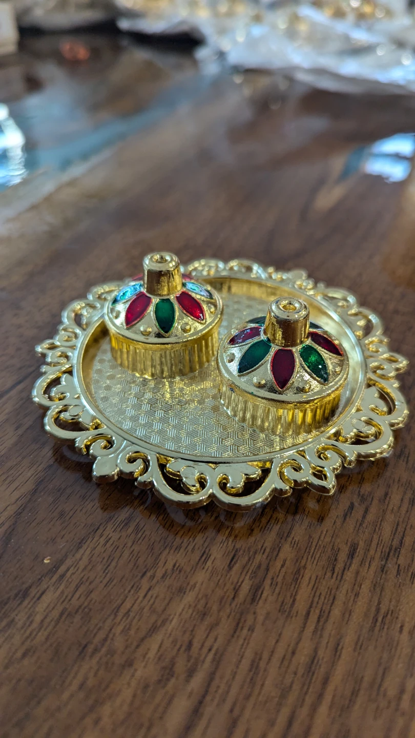 Decorative Gold Tray with Lidded Containers(Haldi and Kumkum)