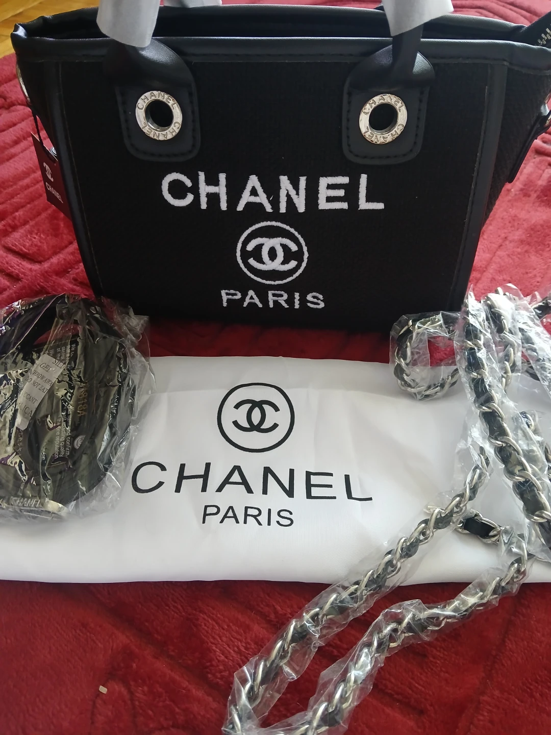 Chanel Paris Black Canvas Tote Bag with Chain Strap