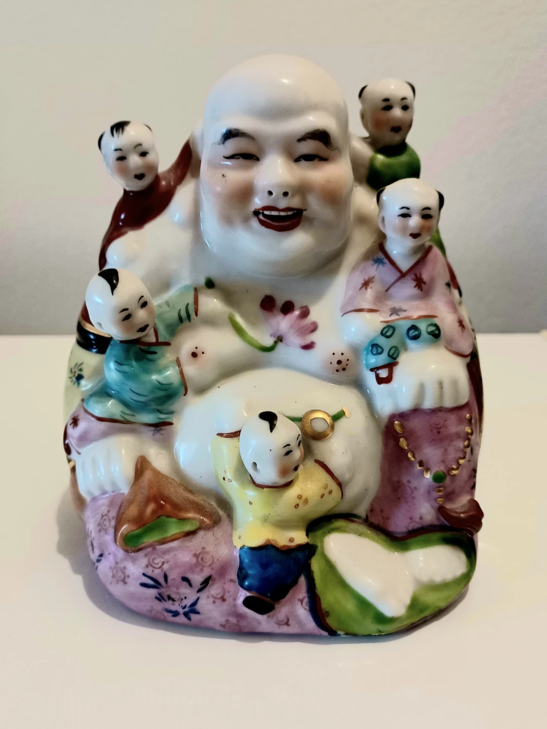 Vtg. Hand Painted Buddha With Children Statuette