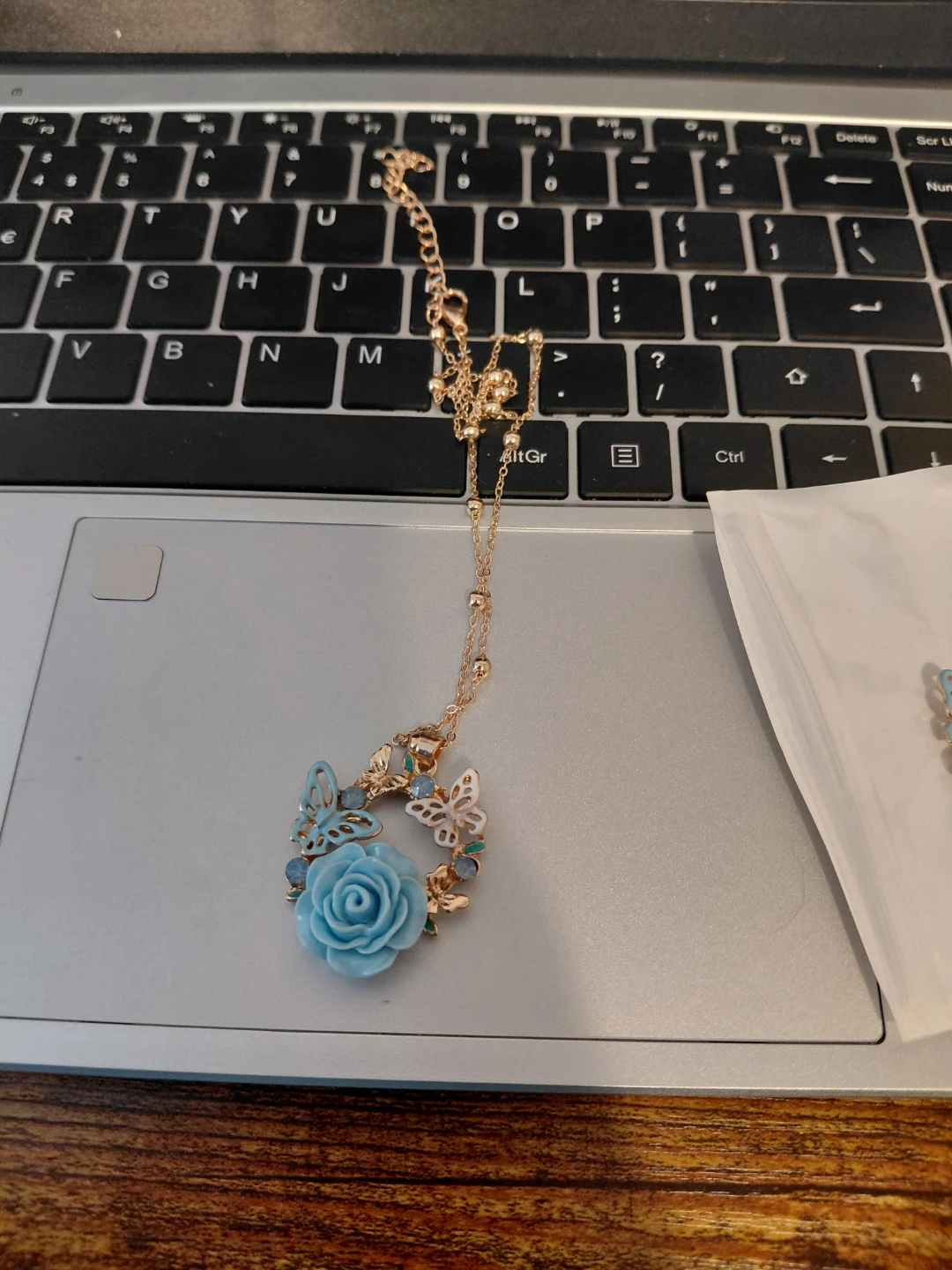 Blue Rose & Butterfly Drop Earrings and necklace