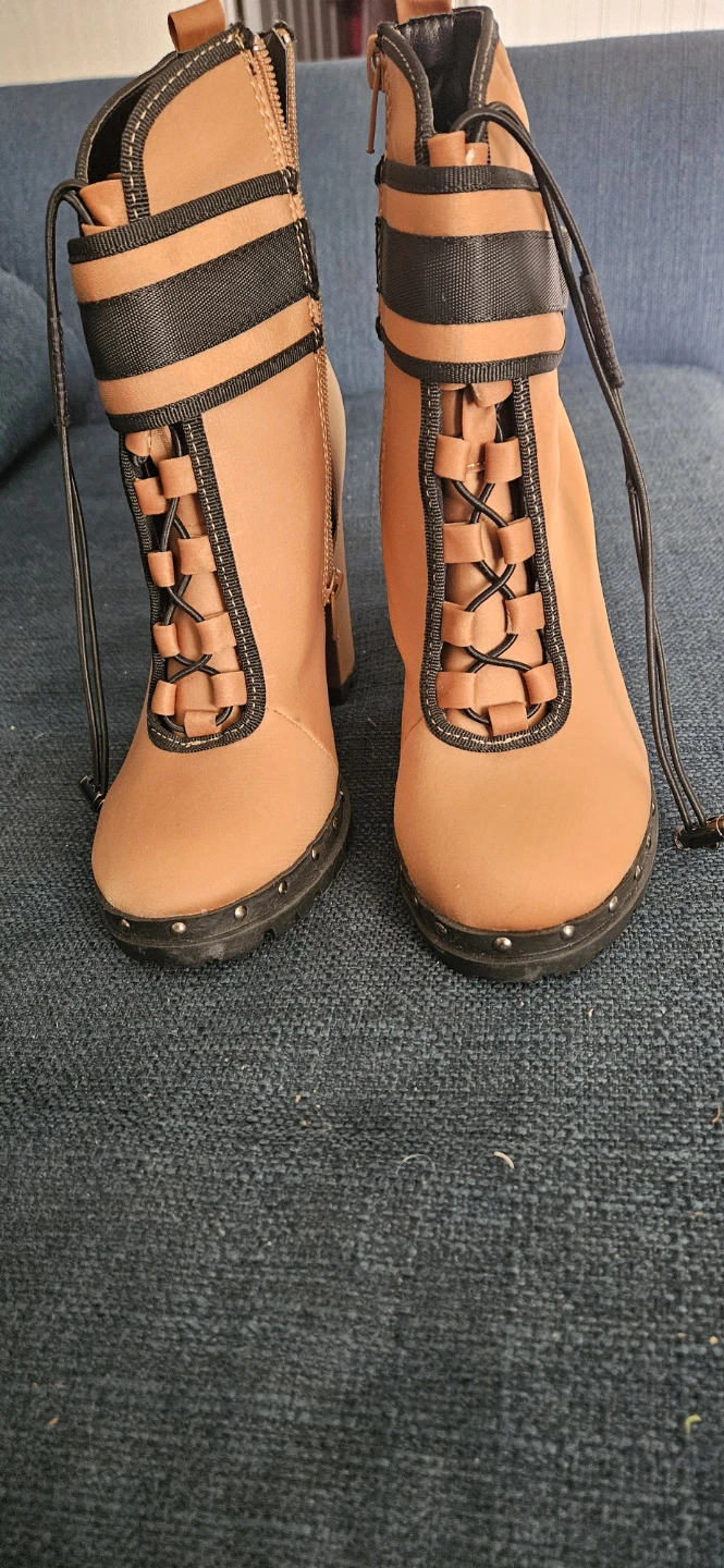 Tan Lace-Up Ankle Boots with Buckle Accent