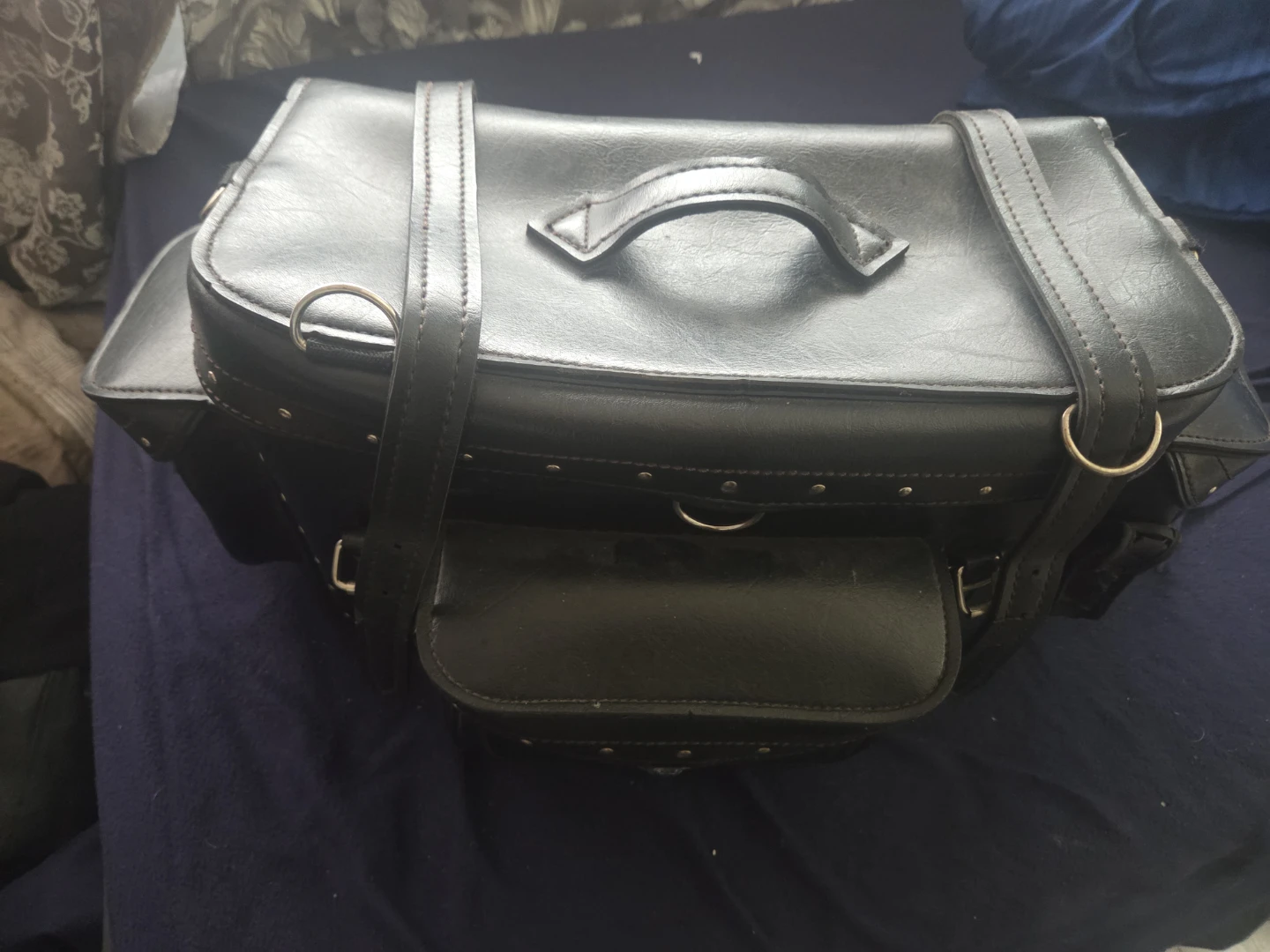 Black Motorcycle Saddlebags Faux Leather Studded