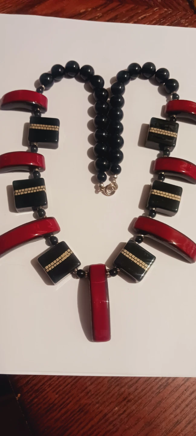 Art Deco Revival Japan Signed Red & Black Beaded Necklace