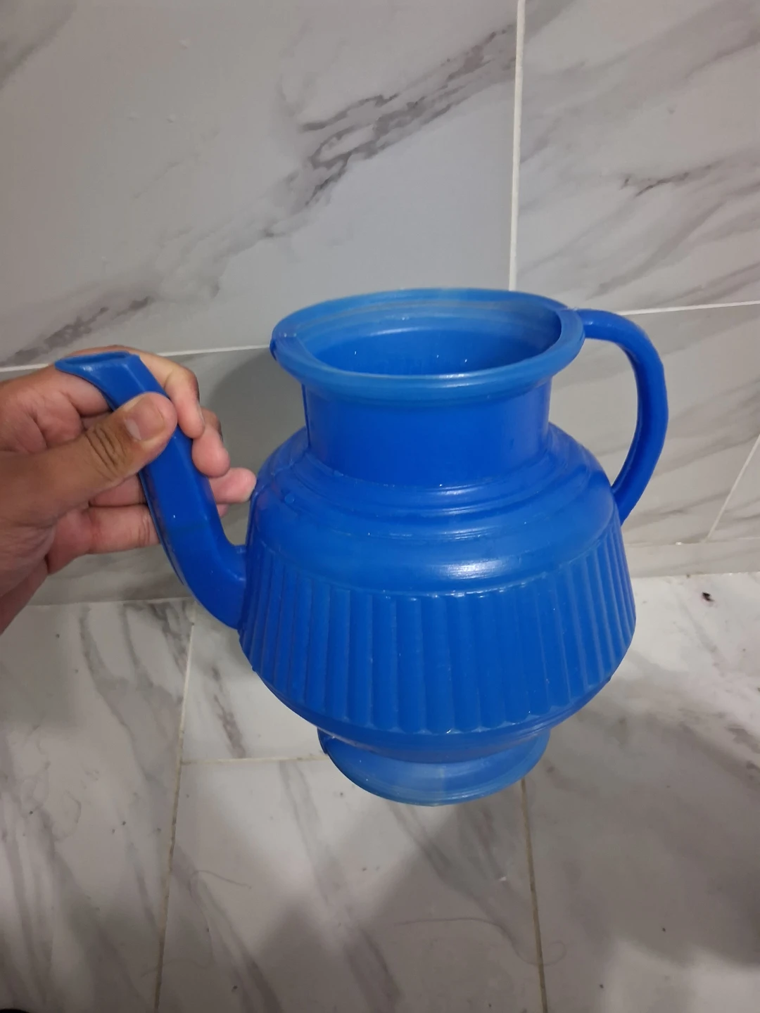 Blue Plastic Pitcher with Spout and Handle