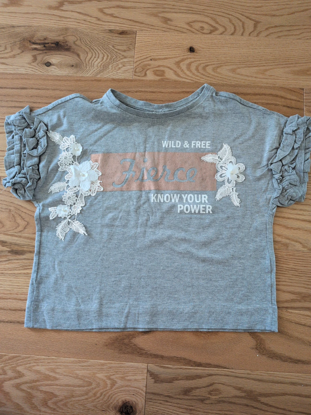 Grey "Fierce Know Your Power" T-Shirt with Ruffle Sleeves
