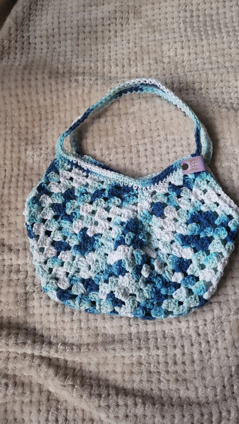 Handmade Crochet Granny Square Tote Bag - Blue & White