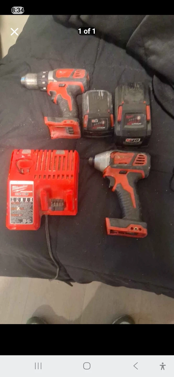 Milwaukee M12 Cordless Drill, Impact Driver, Charger, Batteries