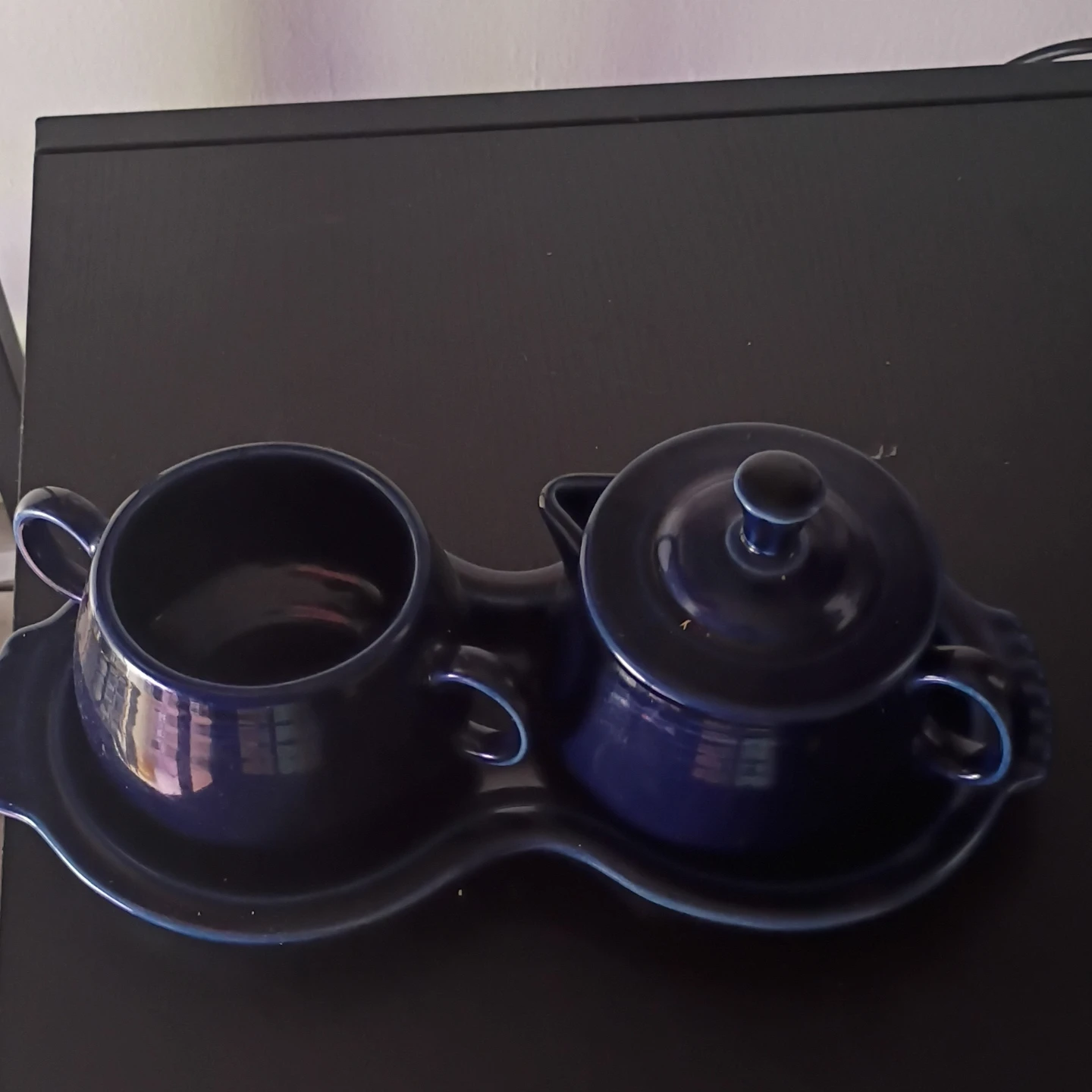 Navy Blue Ceramic Sugar Bowl and Creamer Set with Tray