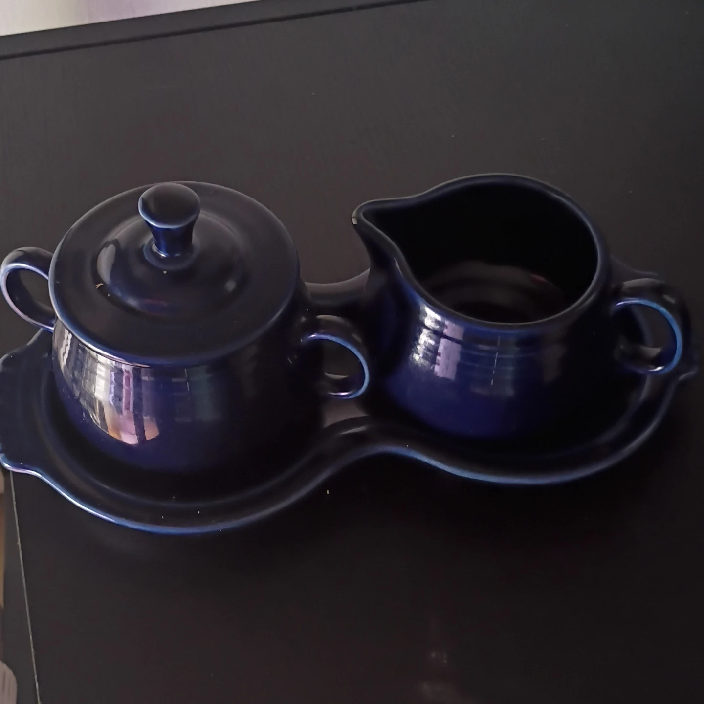 Navy Blue Ceramic Sugar Bowl and Creamer Set with Tray - photo 2
