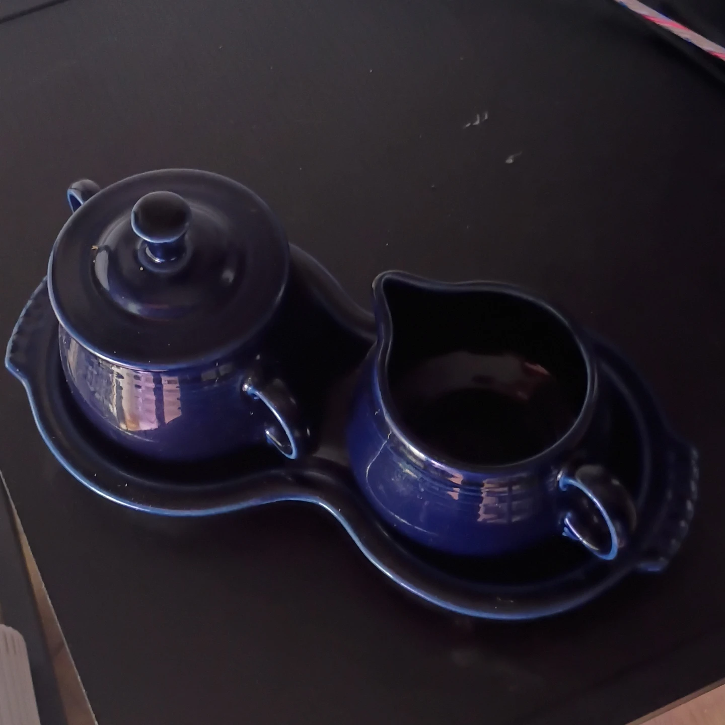 Navy Blue Ceramic Sugar Bowl and Creamer Set with Tray - photo 3