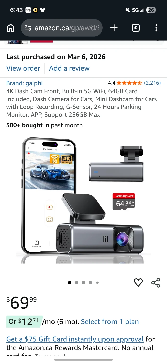 Galphi 4K Dash Cam with 64GB Card