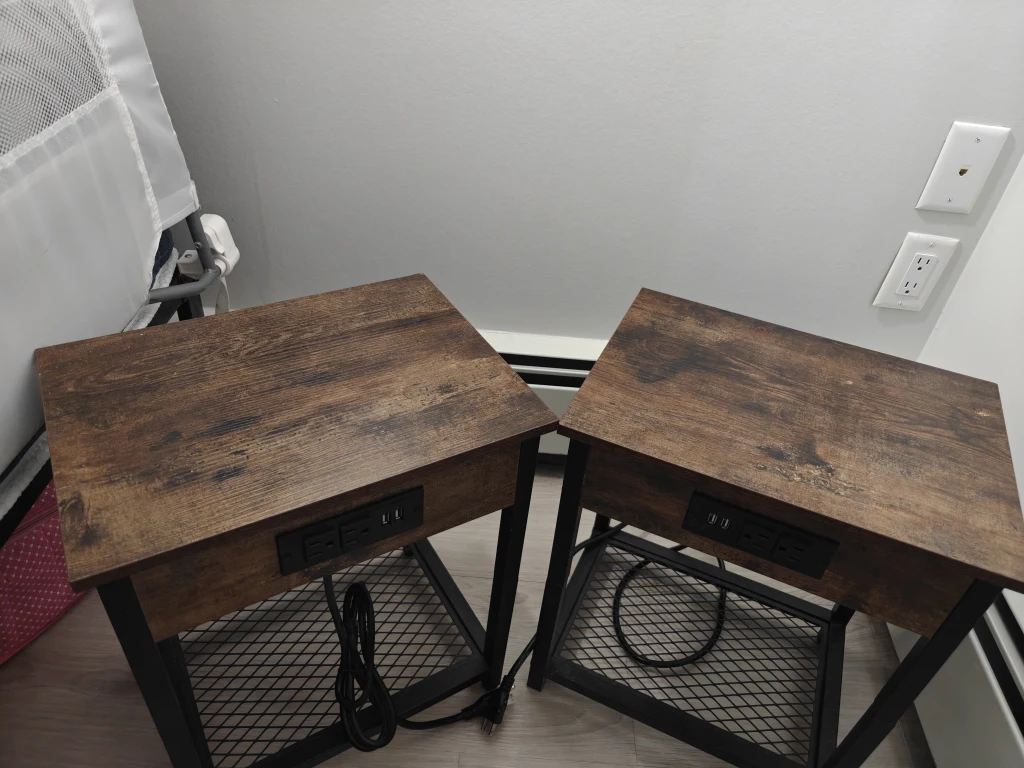 Set of 2 Industrial Wood End Tables with Charging Station