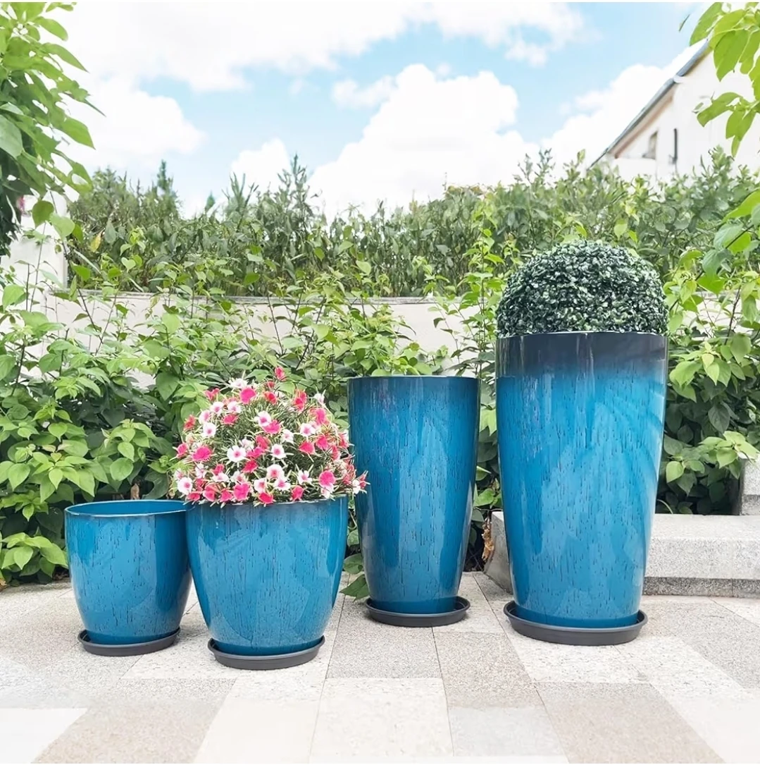Set of 4 Blue Ceramic Planters with Saucers - photo 2