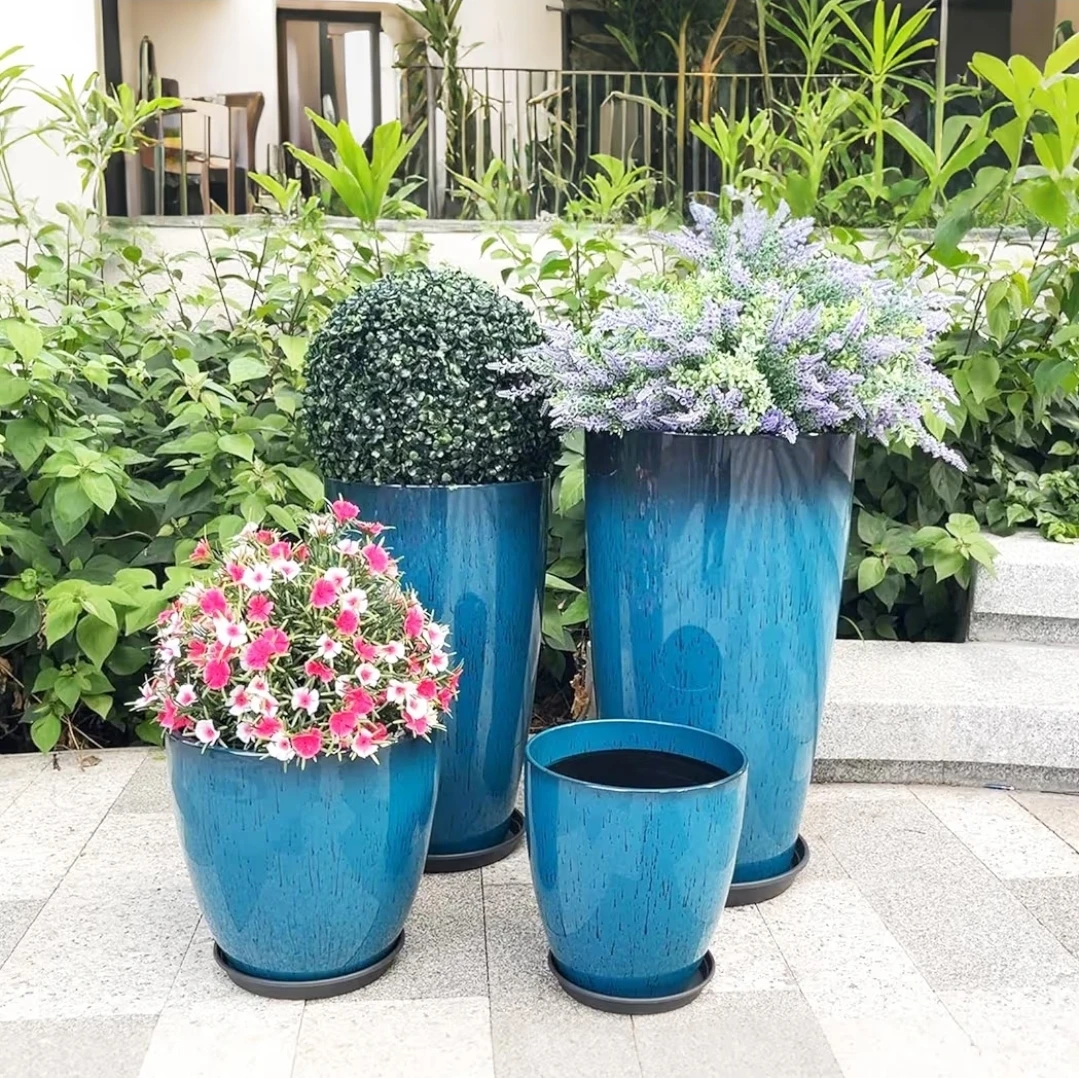 Set of 4 Blue Ceramic Planters with Saucers - photo 3