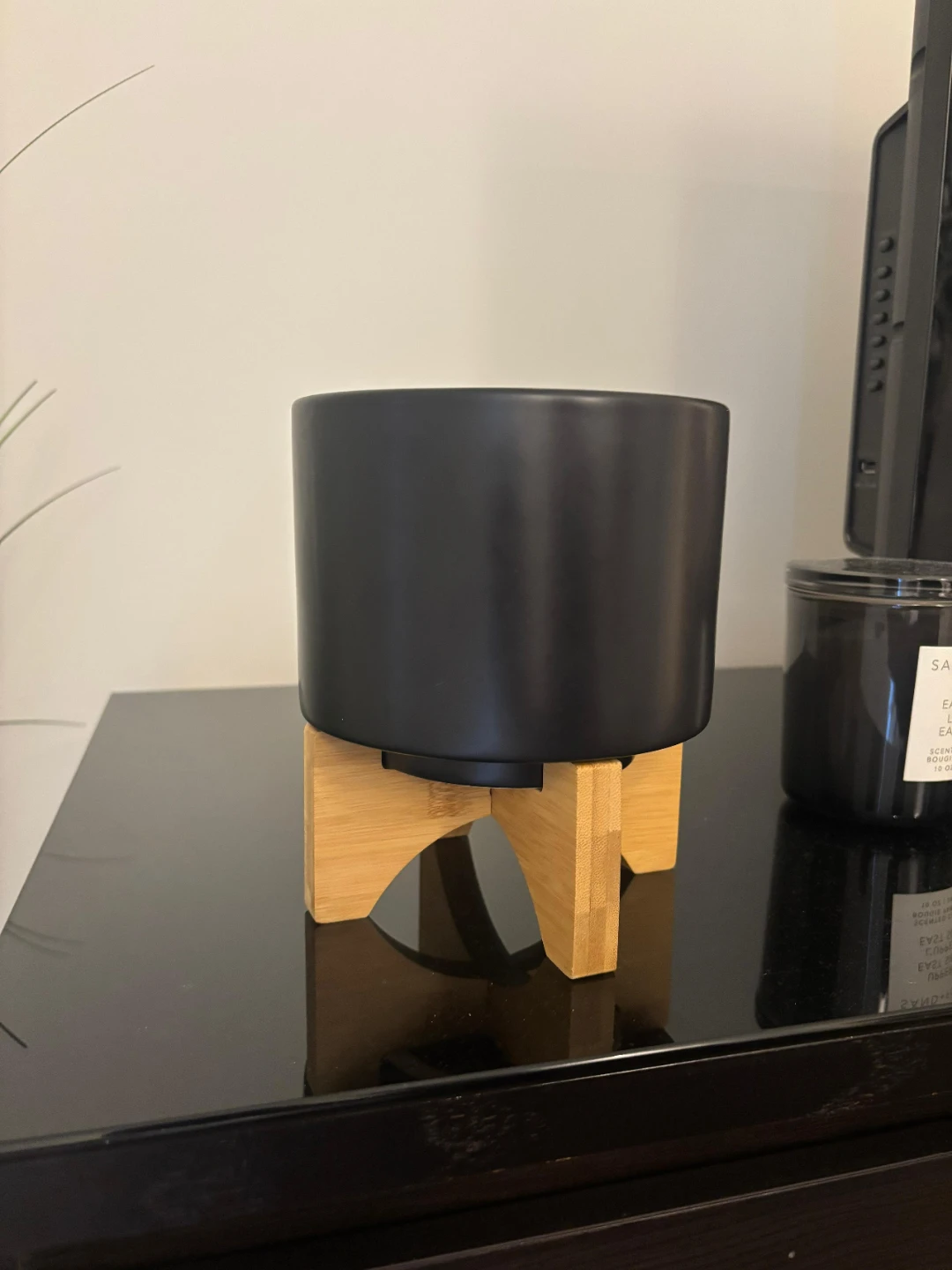 Black Ceramic Plant Pot with Wooden Stand - photo 2