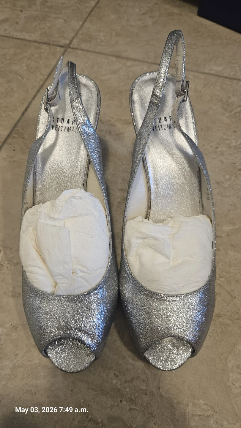 Stuart Weitzman Silver Glitter Slingback Heels