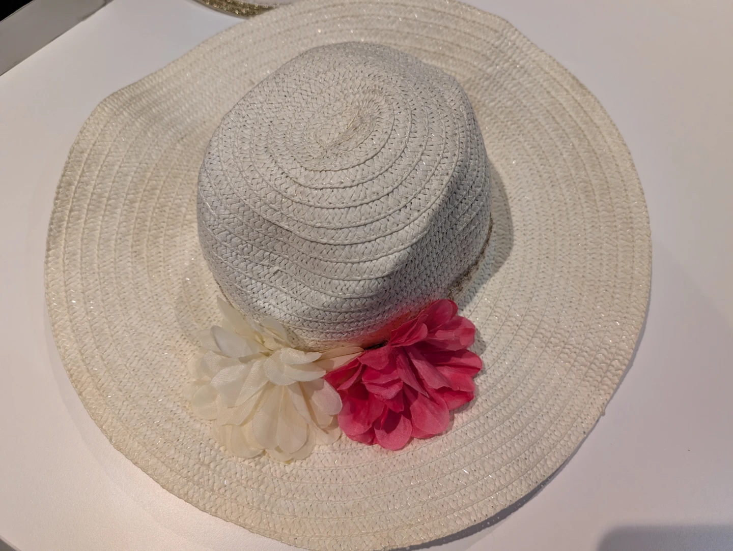 White Woven Sun Hat with Flowers